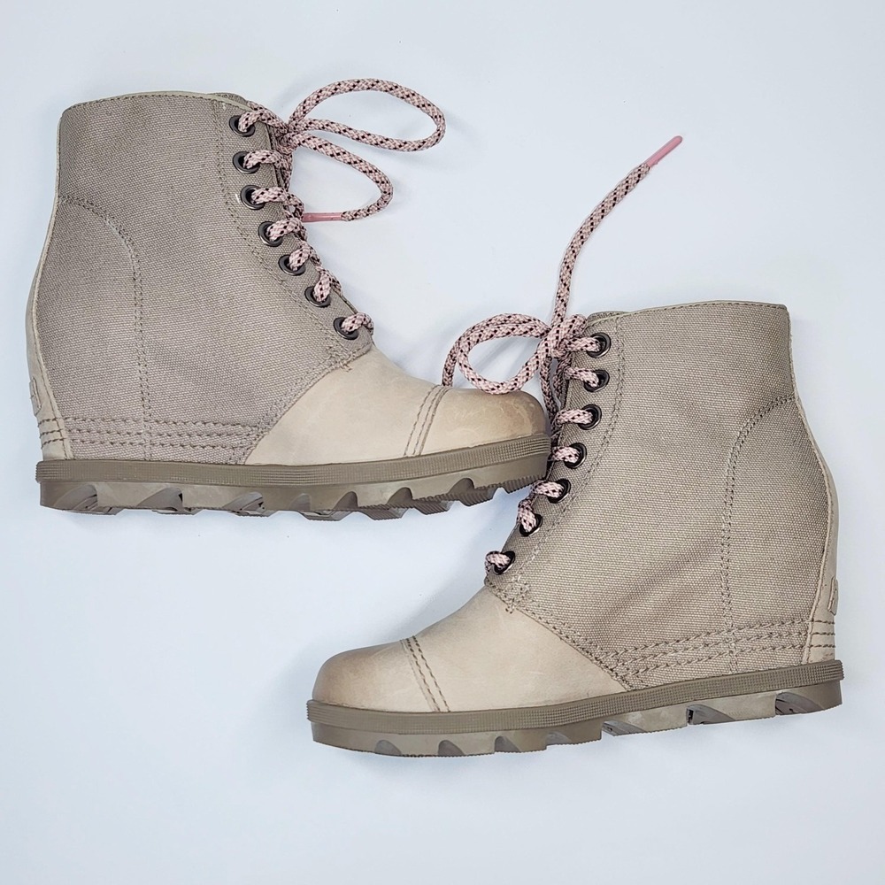 Sorel Boots Womens Size 8.5 Beige Canvas Leather Lace Up Wedge Ankle Booties - Picture 12 of 14